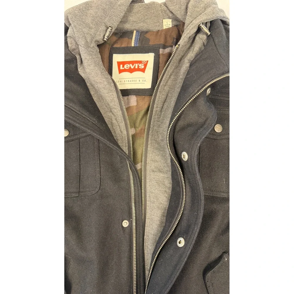 Levi's Mens Wool Blend Field Jacket Black Grey Hooded Military Coat Large Camo